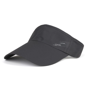 Detail view of breathable dark grey sun visor featuring lightweight mesh fabric and side lettering