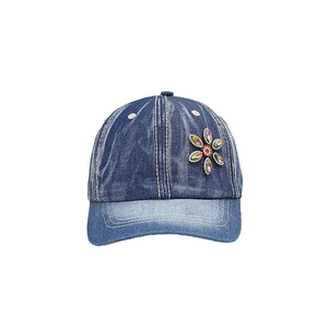 Distressed blue denim baseball cap with colorful rhinestone floral decoration for women