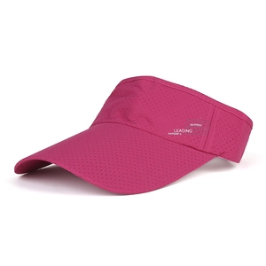 Detail of rose red breathable sun visor with perforated fabric and printed text