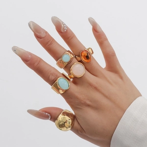 Bohemian 5-piece gold alloy ring set with blue pink and amber acrylic stones for women