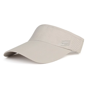 Beige athletic open top sun visor hat with breathable laser-cut holes and long brim