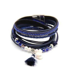 Deep blue multi-layer wrap bracelet featuring crystal beads, tassel and pearls