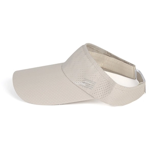 Detail of breathable perforated vents on beige visor cap for sun protection