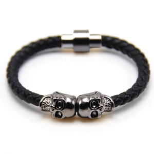 Punk Men Braided Synthetic Leather Bracelet With Skull Alloy Beads Copper Magnetic Clasp Rock Street Fashion Jewelry Gift