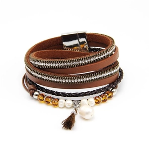 Detail view of multi-layer leather wrap bracelet with crystal beads and magnetic clasp