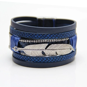 Multilayer blue leather wrap bracelet with silver feather charm and magnetic clasp