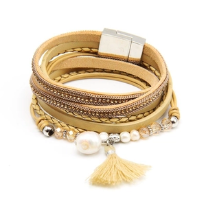Multilayer leather wrap bracelet with crystal beads pearls and magnetic metal clasp