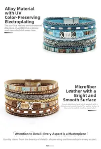 Detail view of Bohemian multi-layer leather bracelets with magnetic alloy clasp and rhinestones