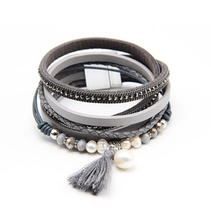 Bohemian multi-layer leather wrap bracelet with grey crystal beads, pearls and tassel charm