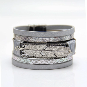 Multilayer leather wrap bracelet with silver feather charm and rhinestones for women