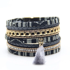 Bohemian multilayer wrap bracelet with grey tassels, geometric webbing, and crystals