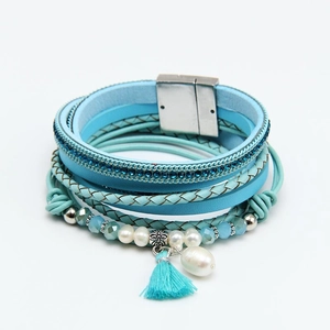 Bohemian Multilayer Wrap Bracelet Leather Crystal Artificial Pearl Tassel Magnetic Clasp Bangle Bracelet For Women Jewelry Accessories