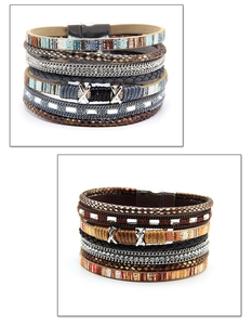 Detail view of multilayer bohemian magnetic wrap bracelet with leather and rhinestones