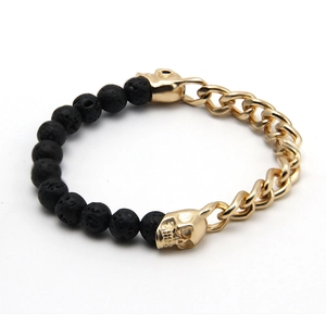 Punk Gothic Lava Stone Spliced Bracelet With Metal Cuban Chain Skull Charms Adjustable Hip Hop Jewelry For Men Women