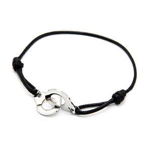 Adjustable black braided rope bracelet featuring interlocking silver stainless steel handcuffs