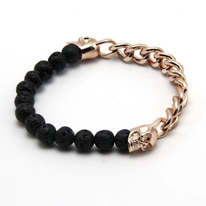 Mens lava stone beaded bracelet with rose gold Cuban chain and skull accents