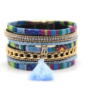 Bohemian multi-layer magnet bracelet with colorful cotton tassels and owl charm