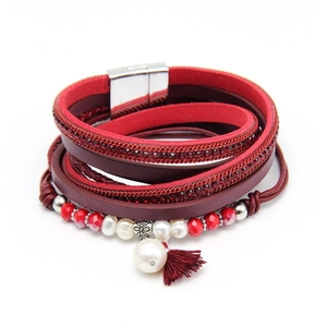 Multilayer red leather wrap bracelet with crystal rhinestones, pearls and silk tassel
