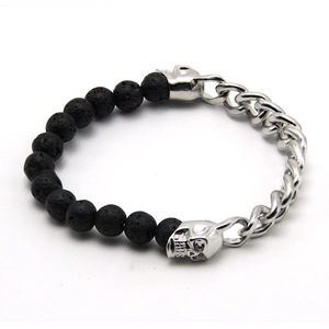Men's punk lava rock bead and silver metal chain bracelet with detailed skull accent