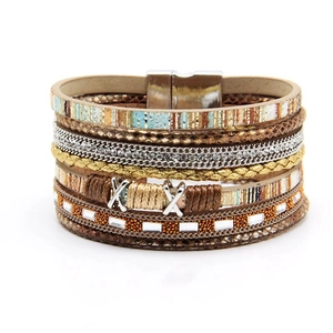 Bohemian multilayered bracelet with faux leather, rhinestones and magnetic clasp