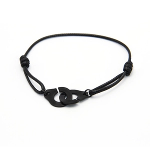 Adjustable black braided rope bracelet featuring polished steel handcuff charms in black
