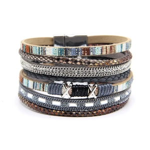 Bohemian multilayer wrap bracelet with blue stripes, faux leather, and magnetic clasp