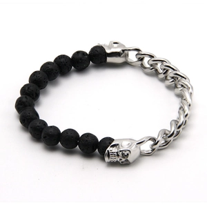 Lava stone bead bracelet with silver skull metal Cuban chain for men and women