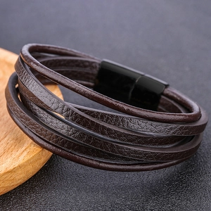 Men's multi-layer dark brown PU leather bracelet with black magnetic metal clasp