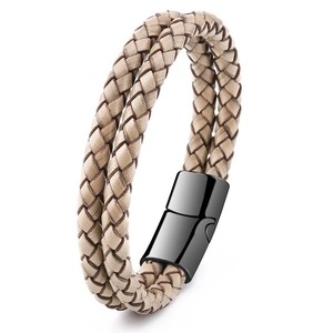 Double-layered braided leather bracelet in beige with sleek black magnetic metal clasp
