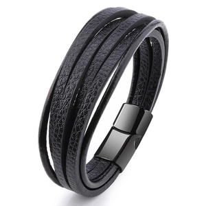 Mens multi-layer black PU leather bracelet with matte black magnetic metal clasp