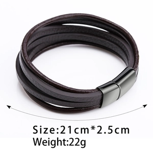 Detail view of multi-layer brown PU leather bracelet with black magnetic buckle 21cm size