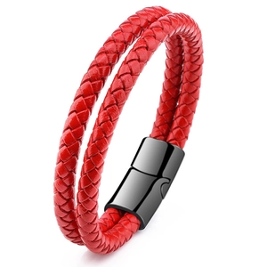 Double-layered red braided leather bracelet for men and women with black metal clasp