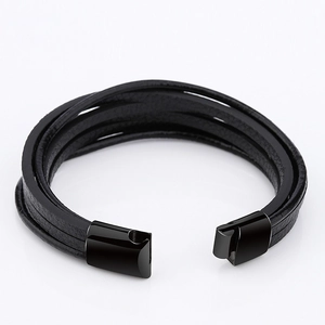 Classic black multilayer braided PU leather bracelet with polished black metal clasp