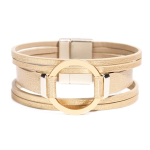 Fashionable gold multilayer faux leather braided bracelet with a large round metal charm