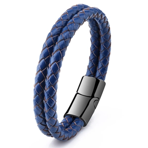 Double-layered navy blue woven leather bracelet with polished black magnetic metal clasp
