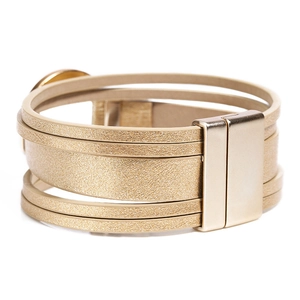 Multi-layer champagne gold braided leather bracelet with magnetic clasp for women