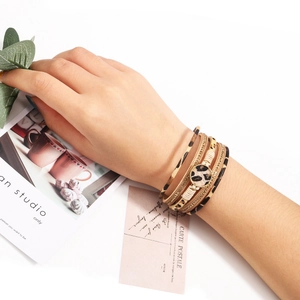 Bohemian multi-layer leopard print wrap bracelet with gold rhinestones and magnetic clasp
