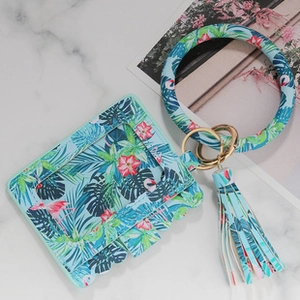 Detail of tropical flamingo print PU leather wristlet key ring with matching card holder