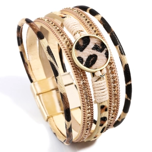 Bohemian Multilayer Leopard Print Artificial Leather Bracelet For Women Alloy Rhinestone Magnetic Clasp Bangle Jewelry