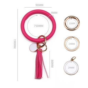 Bracelet porte-clés en cuir PU rose avec pompon et breloques rondes sur anneaux dorés