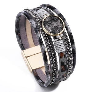 Multilayer leopard print leather bracelet with magnetic gold clasp and bohemian accents