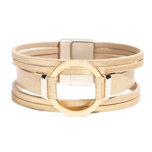 Multilayer champagne gold leather wrap bracelet with glitter straps and metal circle