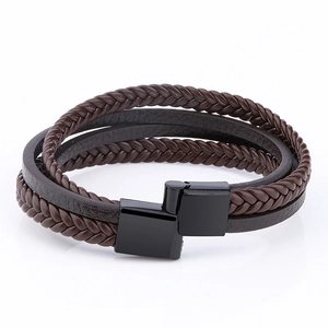 Pulsera multicapa de cuero trenzado para hombre con trenzado marrón y cierre magnético