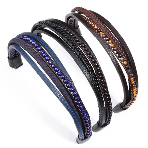Three-piece set of woven leather bracelets for men with tiger eye stone and matte black clasp