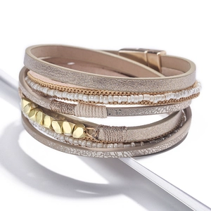 Multilayer bohemian seed bead wrap bracelet with golden leather and magnetic clasp