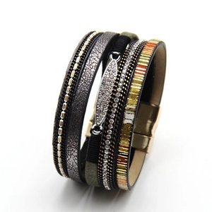 Bohemian multilayer braided leather bracelet with magnetic clasp and rhinestones