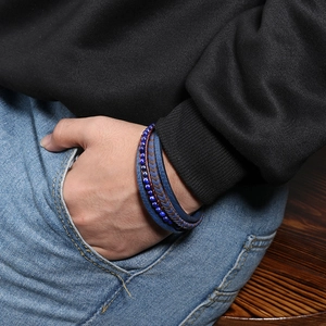 Men's multilayer leather bracelet with blue natural tiger eye stones and braided cords
