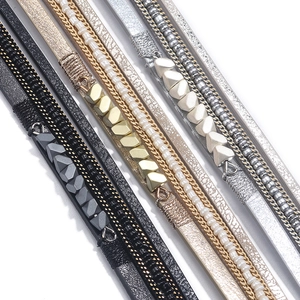 Handmade multilayer bohemian bead bracelets with leather and geometric metal charms