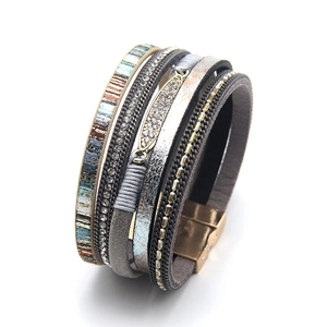 Bohemian Multi-layer Braided Artificial Leather Wrap Bracelet For Women Alloy Rhinestone Magnetic Clasp Ethnic Vintage Jewelry Gift