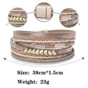 Multilayer bohemian seed bead bracelet with gold metal chain and magnetic clasp